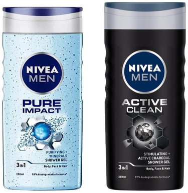 NIVEA Men Shower Gel, Active Clean Body Wash, Men, 250ml And NIVEA Men Shower Gel, Pure Impact Body Wash, 250ml